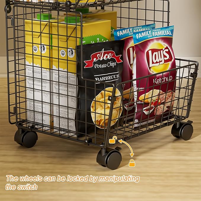 Sonyabecca Outdoor Toy Storage Basket, Play Kitchen Organizer with 5 S-Hooks,3 Tier Rolling Storage Cart Garage, Pantry Floor Snack Cart with Wheels,Toy Shelf Dog Storage Organizer Kids Bookshelf
