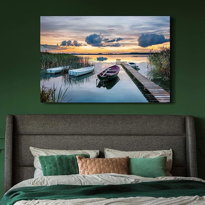 Lake Landscape Canvas Wall Art: Modern Nature Sunrise Gallery Artwork Relaxing Long Pier Sand Scenery Prints Large Boat Shore Scene Picture Colorful Mountain Sunset Painting for Living Room