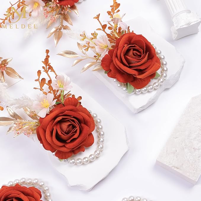 Meldel Orange Velvet Rose Wrist Corsage, Set of 6, Wedding Bridal Flower Corsage Hand Decor for Prom Party Homecoming, Wristband Flowers Bride, Bridesmaid, Girl