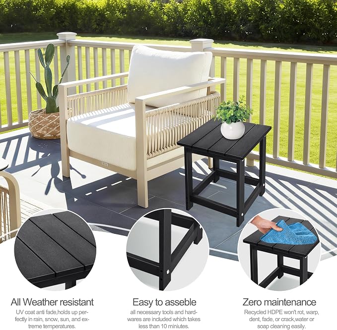 LZRS Square Patio Side Table, Heavy Duty HDPE Outdoor End Table with Wood Texture, Weatherproof Composite Table for Adirondack Chairs, Deck, Pool, Indoor/Outdoor, No Peeling or Cracking(Black)