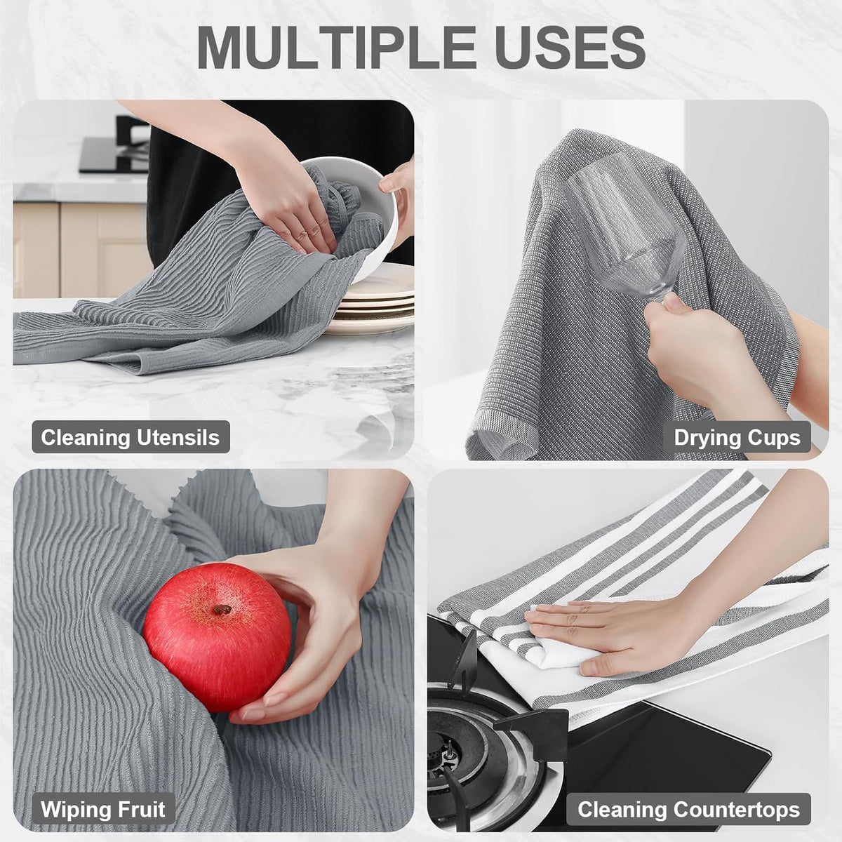 Homaxy Premium Kitchen Towels(18”x 28”, 6 Pack), Large Cotton 380 GSM Kitchen Hand Towels, Soft and Absorbent Terry Dish Towels, Multipurpose Tea Towel Set with Hanging Loop, Grey