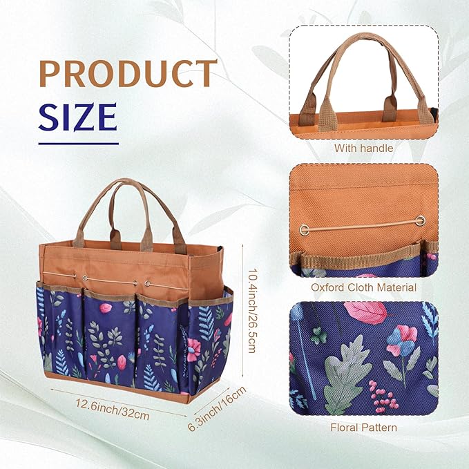 2 Pcs Heavy Duty Gardening Tools, Leather Gloves with Multi-Pocket Tote Bag, Thorn Resistant Non Slip Fashion Durable Set, Breathable Comfortable Ergonomic Gardening Gifts for Women