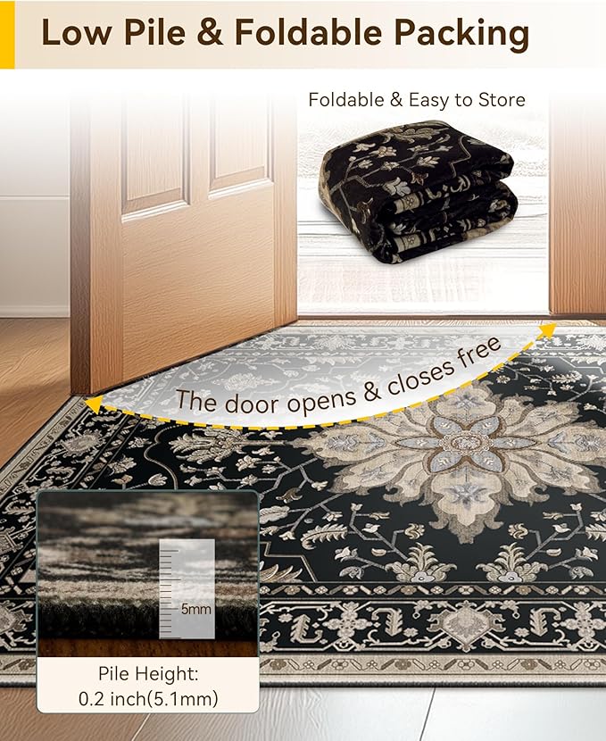 Area Rugs 3'x9' Runner Rug Non Slip Washable for Kitchen Hallway Bedroom Beside Laundry Room Bathroom Rug, Floor Carpet, Black Brown Neutral Dark Tan