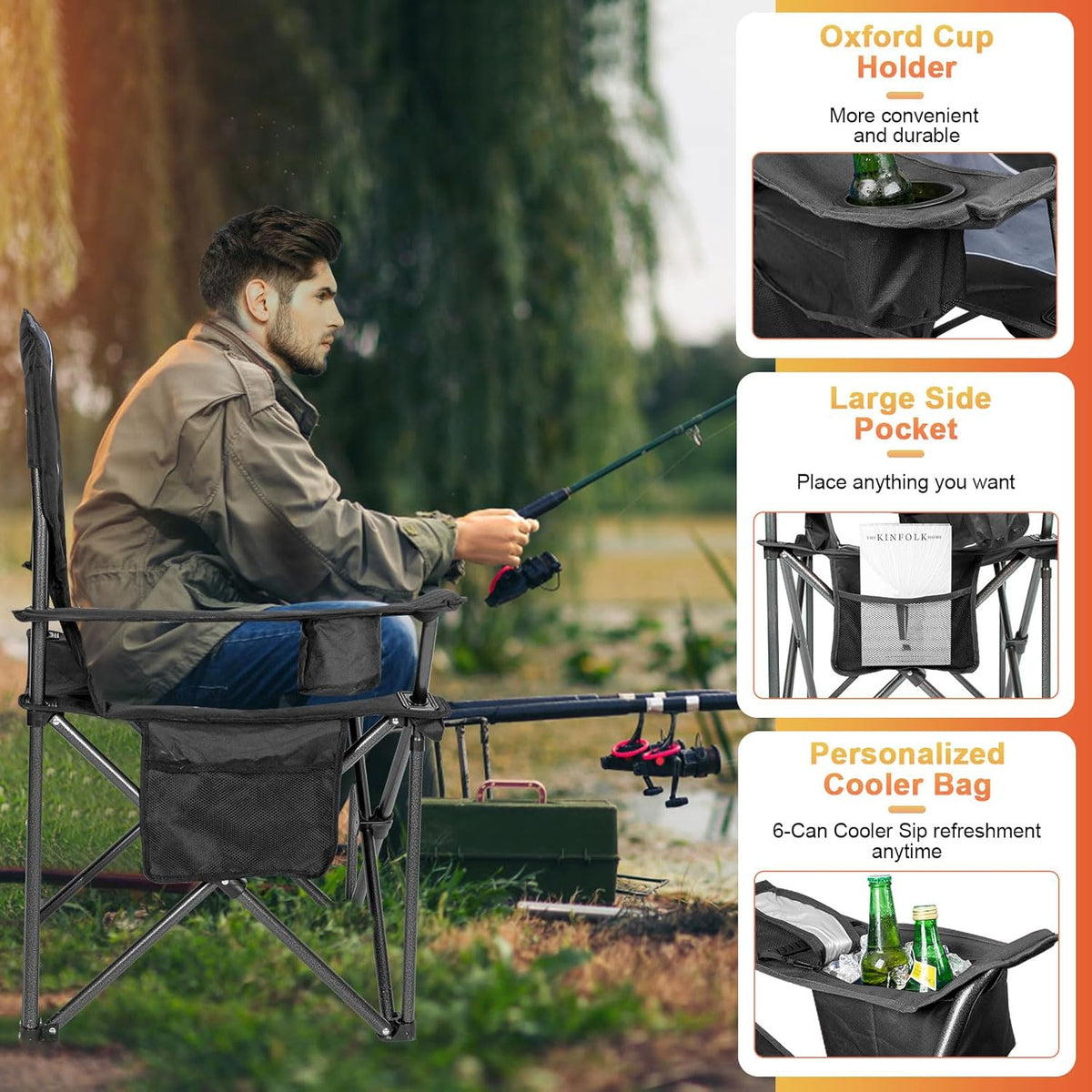 Romswi Oversized Camping Chairs - Heavy Duty 500 LBS Support | Padded Back & Arm, Black, 2-Pack