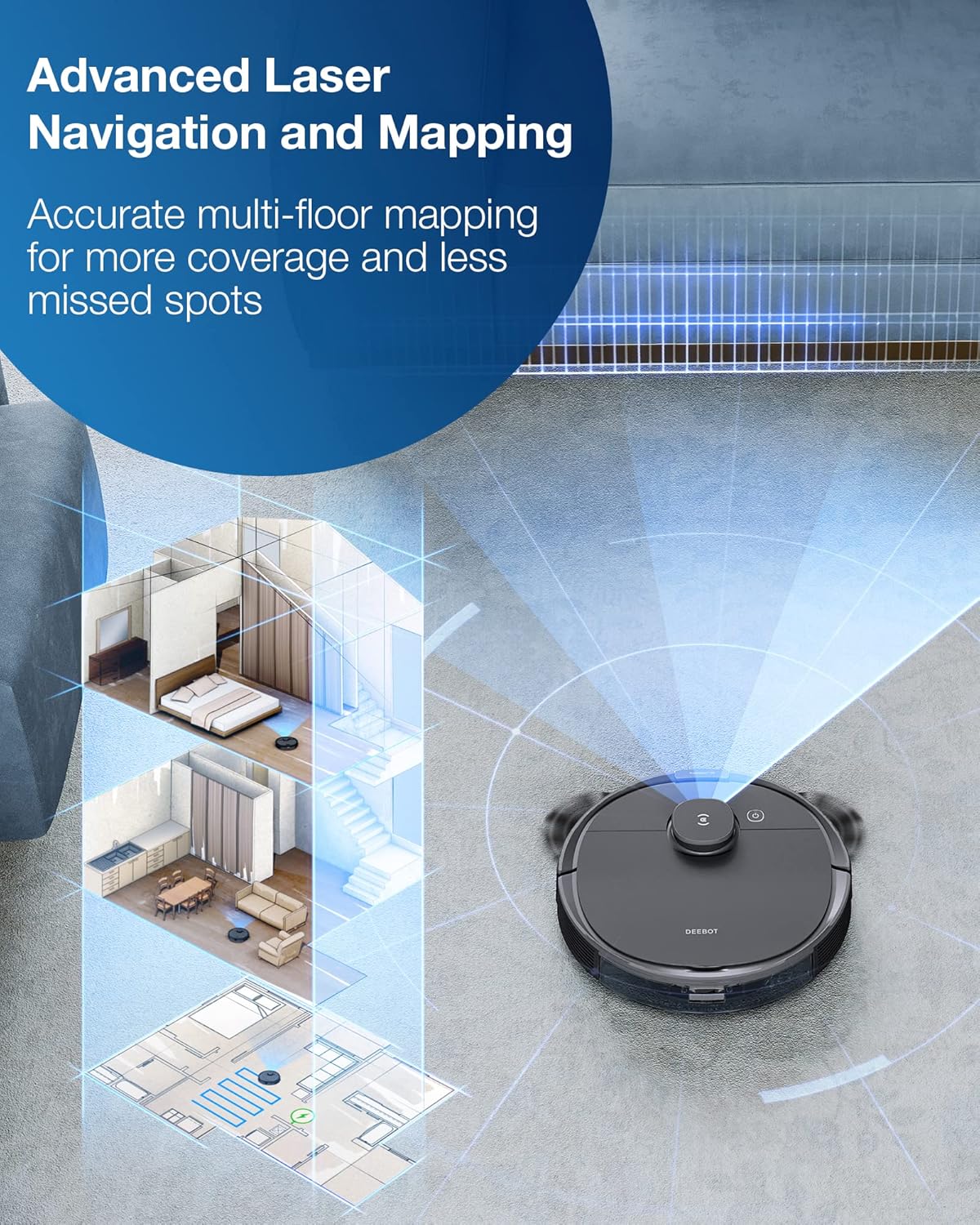 Ecovacs Deebot T8 Robot Vacuum and Mop Cleaner, Precise Laser Navigation, Multi-floor Mapping, Intelligent Object Avoidance, Full-customize clean, No-go and No-mop Zones, Auto-empty Station Compatible