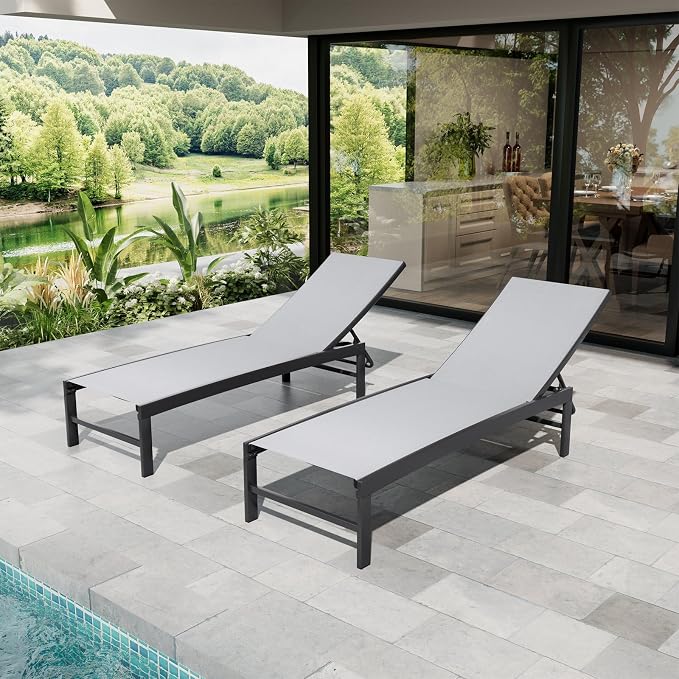 Crestlive Products Chaise Lounge Chair Outdoor Set of 2, Adjustable 5 Positions Pool Lounge Chairs, Metal Tanning Recliner, Outdoor Furniture All Weather for Patio, Beach, Yard, Pool