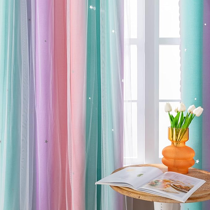 XiDi Curtains for Bedroom Decor, Rainbow Blackout Curtains for Kids/Little Girl