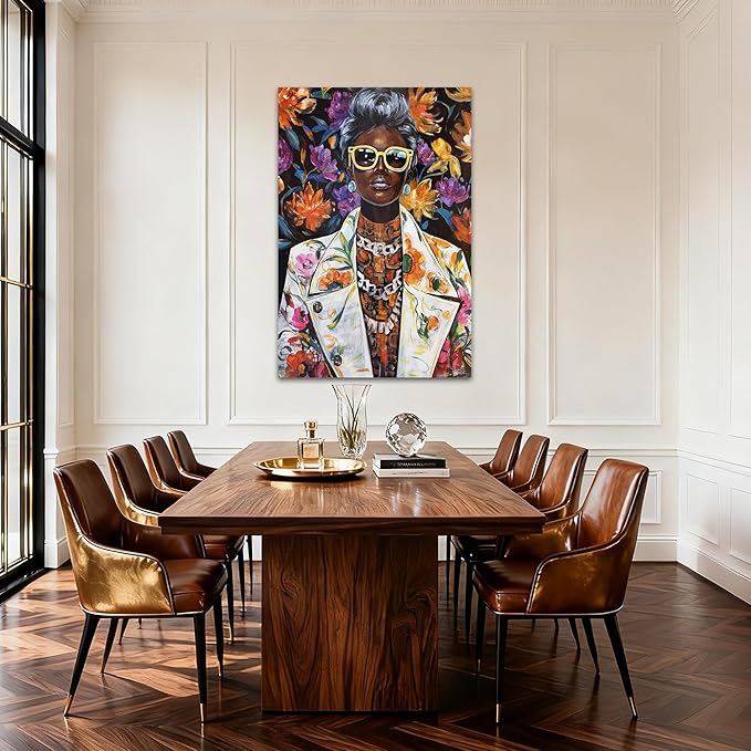 YETHEN WAL Afrocentric Canvas Wall Art – Black Woman Portrait Floral Wall Decor, Chic Modern Art Prints for Living Room, Bedroom, Office Decor, 32×48 Inch