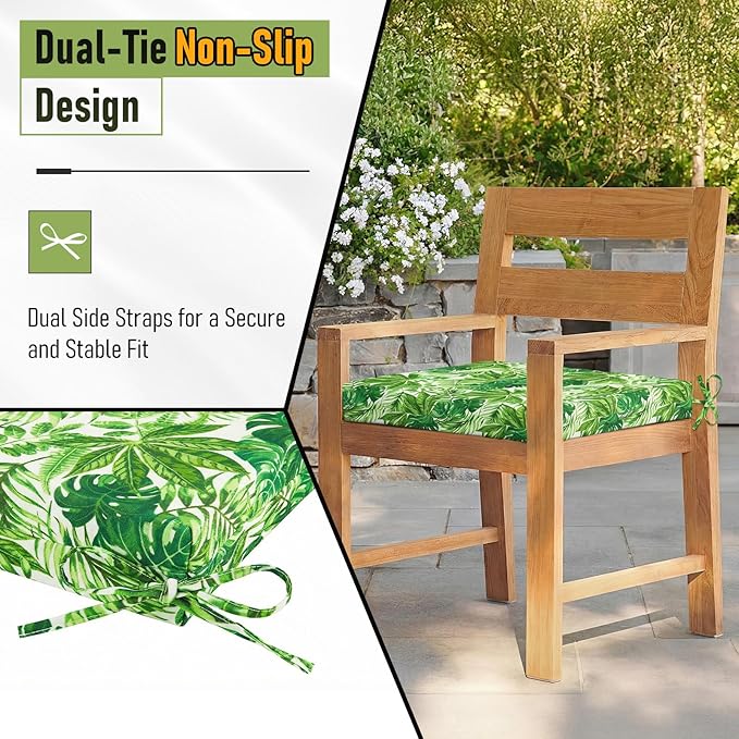 Basic Beyond Outdoor Chair Cushions Set of 4, Square Corner Outdoor Cushions for Patio Furniture, Water Resistant Patio Chair Cushions with 2 Ties, 18.5x16x3, Green Leaves