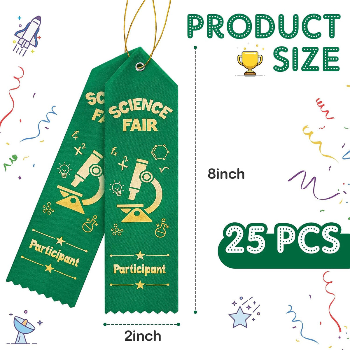 Taiyin 25 Pcs Science Fair Award Ribbons - Green Participation Prizes with Event Card String