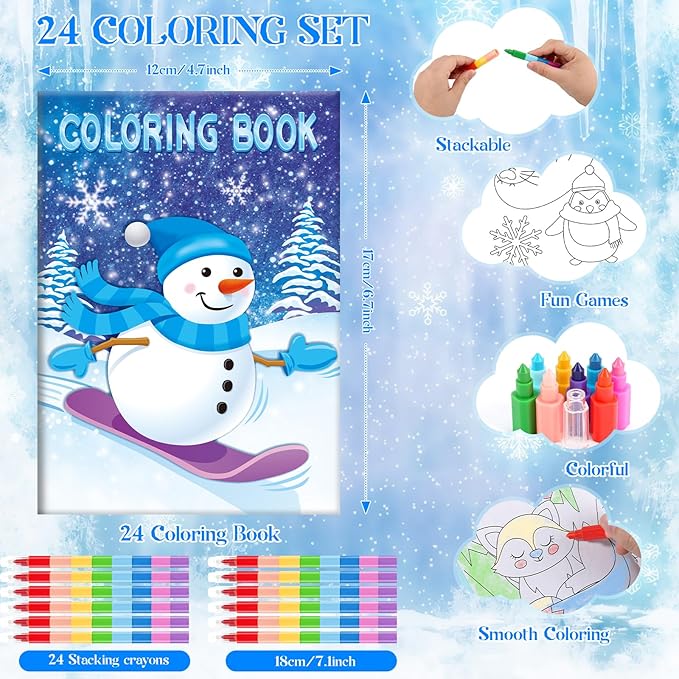 BenLouis 24 Frozen Mini Coloring Books with 24 Stacking Crayons Party Favors Winter Snowflake Themed Activity Book Crafts Bulk for Kids Frozen Birthday Goodie Bag Stuffers Christmas Classroom Supplies