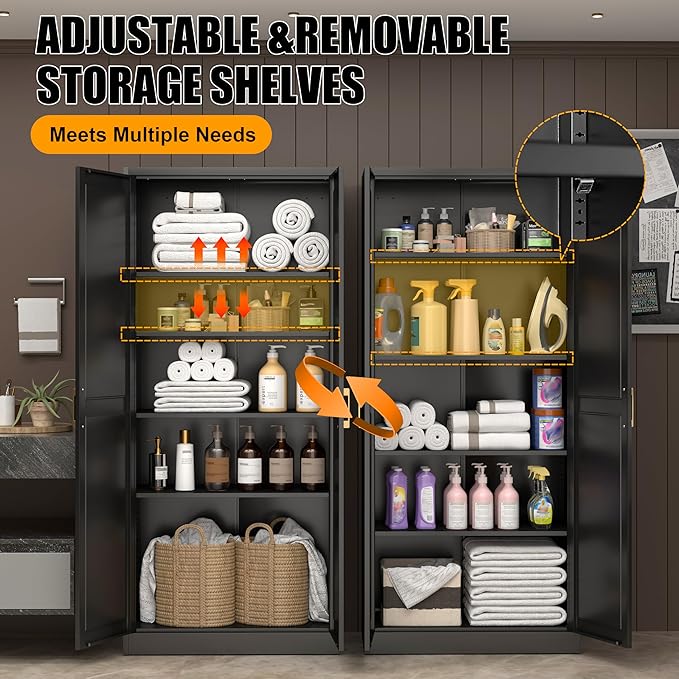 71" Tall Kitchen Storage Cabinet with Gold Handles, Metal Pantry Cabinets with 2 Doors, Food Pantry, Adjustable Shelves, Black Freestanding Pantry Cupboard for Dining, Kitchen, Living Room