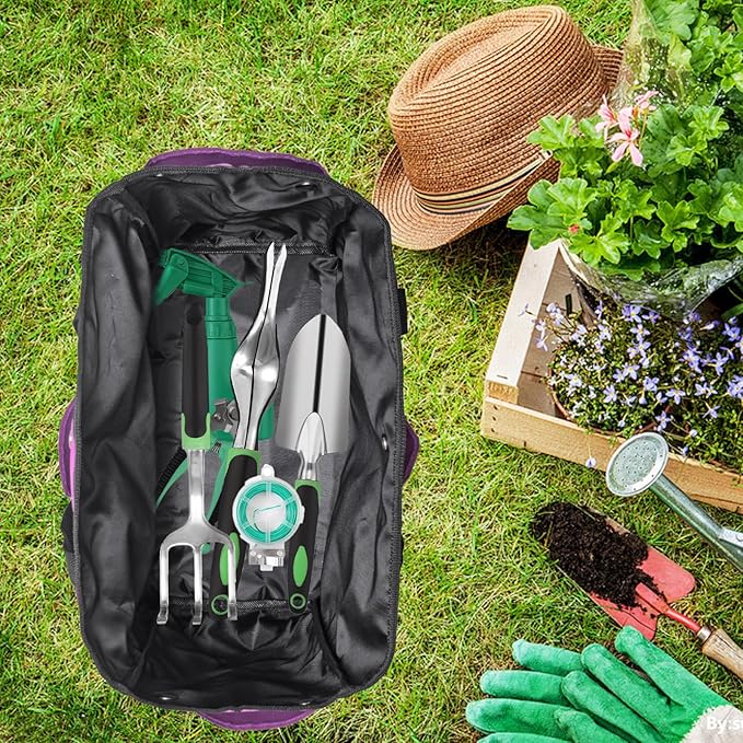 Garden Tool Bag with Interior Exterior Side Pockets, Gardening Tote Bag for Garden Plant Tool Set Store Content Bag, 8 Storage Pockets (Purple)