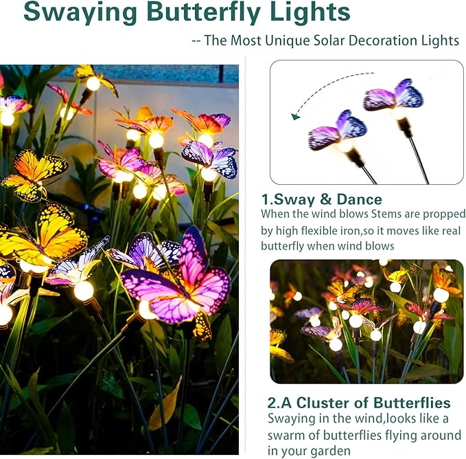 TONULAX Solar Garden Lights - 6 Pack Swaying Butterfly Light, Swaying in The Wind, Solar Outdoor Lights, Yard Patio Pathway Decoration, High Flexibility Iron Wire & Realistic Butterflies (6 Pack)