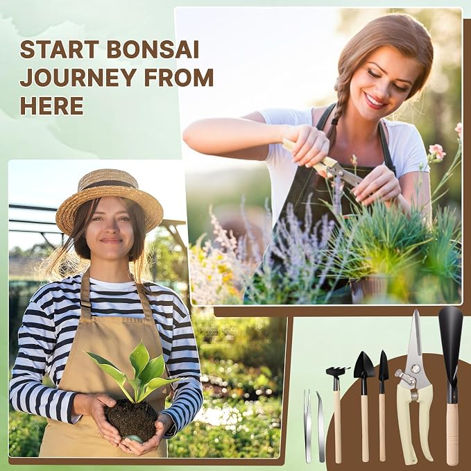 Frienda 7 Pcs Bonsai Tree Kit Garden Bonsai Tools Set Includes Pruning Shears, Mini Rake, Flat Tip Shovel, Pointed Shovel, Spade, Tweezers Gardening Accessories Gift for Beginner Mother Women Men