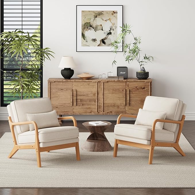 Mid-Century Accent Chair Set of 2 with Solid Wood Frame, Reading Relaxing Armchair Lumbar Pillow& Soft Cushion, Leisure Chair for Living Room, Bedroom, Waiting Room-Beige