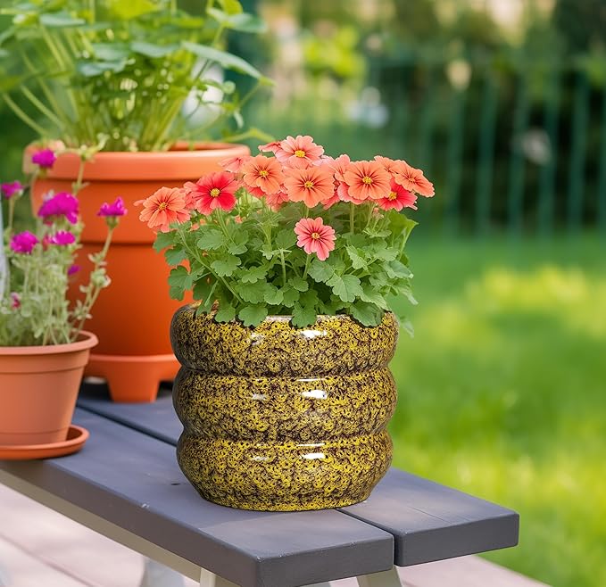 SQOWL Ceramic Planter - 8 Inch Indoor Plant Pot with Drainage Hole, Round Planter for Outdoor Plants, Ceramic Flower Pots, Bubble Planters, Home Room Porch Decor, Plant Lover Gifts, Yellow