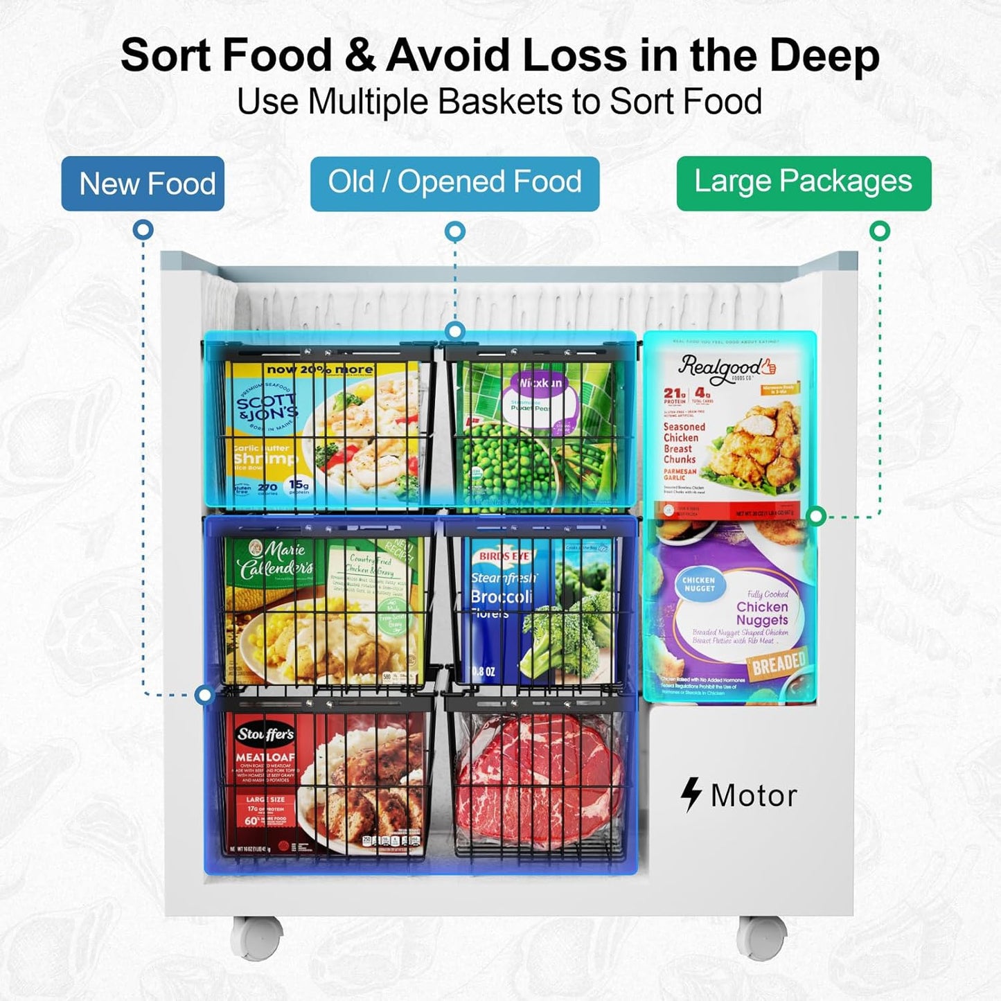 iSPECLE Freezer Organizer Bins - 3 Pack Adjustable Wider & Deeper Chest Freezer Organizer Bins for 5 to 9 Cu Ft, Extra Large & Easy Organize Basket Store More, Stackable No Wasted Space, Black
