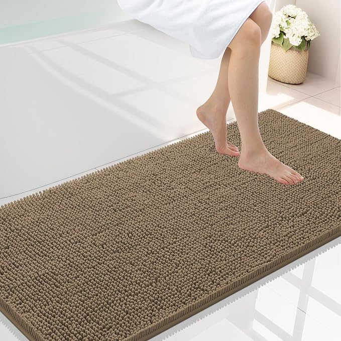 Smiry Luxury Chenille Bathroom Rugs 44x24, Extra Soft and Absorbent Shaggy Bath Mat, Machine Washable, Non-Slip Plush Carpet Runner for Tub, Shower, and Floor, Home Decor Accessories, Camel