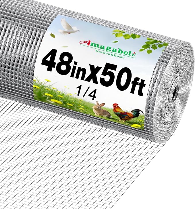 Amagabeli Galvanized Hardware Cloth 1/4 inch 48inx50ft 23 Gauge Chicken Wire Fence Welded Wire Mesh Roll Plant Supports Poultry Netting Garden Bed Animal Cage Snake Rabbit Gopher Rodent Proof