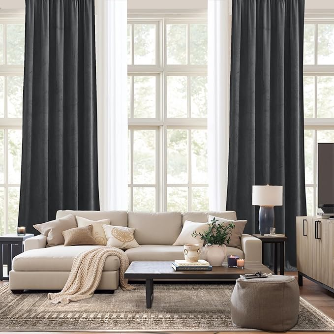 NICETOWN Grey Velvet Blackout Curtains 108 inches Long