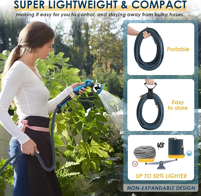 Non-Expandable Garden Hose 75 FT, Lightweight Hose with 10 Function Spray Nozzle, Kink-Free Flexible Water Hose, Durable, Leak-Proof, 360° Swivel Connectors, Portable Storage Strap