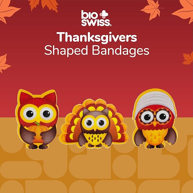 BioSwiss Kids Bandages, Thanksgiving Shaped Self Adhesive Bandage Set, Latex Free, Sterile Wound Care, 50 Count