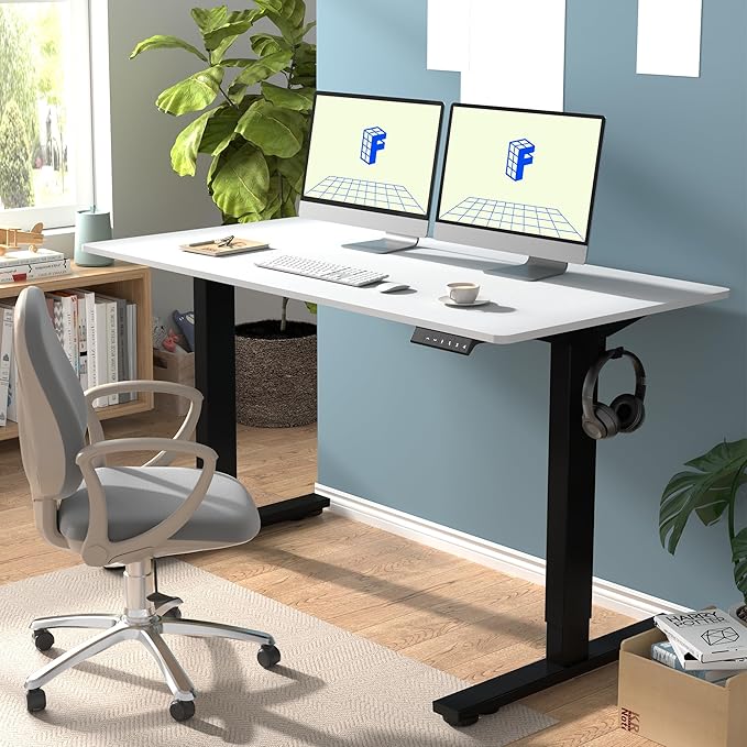 FLEXISPOT EN1 One-Piece Standing Desk with 1-Inch Thick Desktop, 55"x28" Electric Height Adjustable Desk for Home Office & Multi-Device Workstations, White
