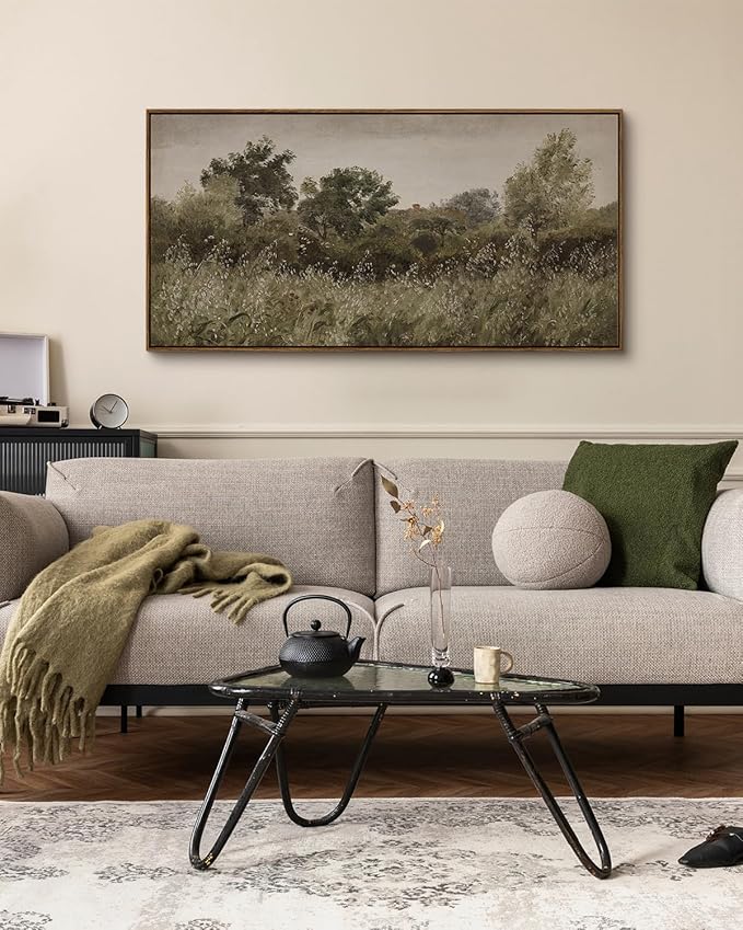 InSimSea Extra Large Framed Vintage Wall Art, Living Room Country Farmhouse Decor, Grassland Landscape Paintings, Canvas Prints, Retro Scenery Long Picture for Bedroom Above of Bed,24x48inch