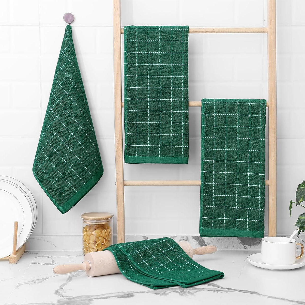 Homaxy 100% Cotton Terry Kitchen Towels(Dark Green, 13 x 28 inches), Checkered Designed, Soft and Super Absorbent Dish Towels, 8 Pack