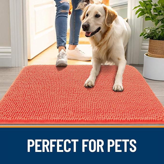 OLANLY Dog Door Mat for Muddy Paws 54x32, Absorbs Moisture and Dirt, Absorbent Non-Slip Washable Doormat, Quick Dry Chenille Mud Mat for Dogs, Entry Indoor Entryway Carpet for Inside Floor, Coral