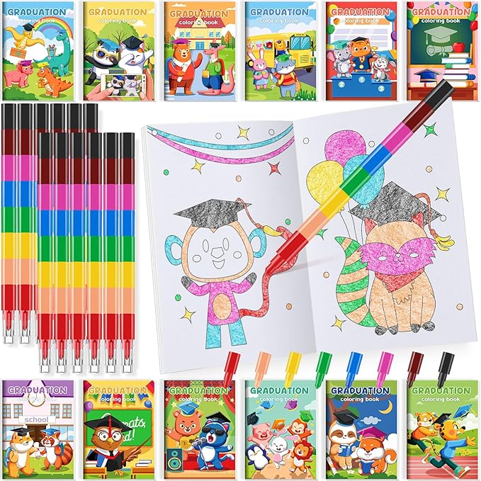 BenLouis 24 Kindergarten Graduation Mini Coloring Books Kids with 24 Stacking Crayons Preschool Party Favors Activity Books Bulk for Kids Student Grad Party Goodie Bag Gift Stuffer Classroom Reward
