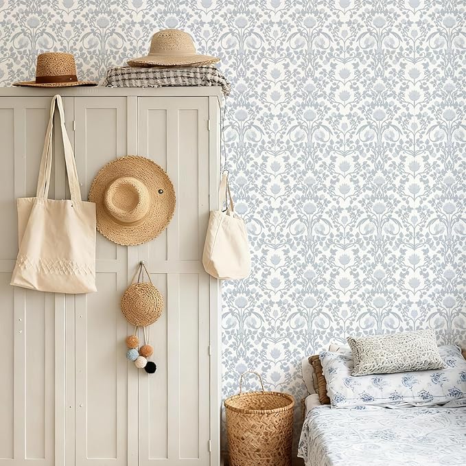 YXTII 17.3"×78.7" Blue Floral Peel and Stick Wallpaper, Damask Vintage Wallpaper