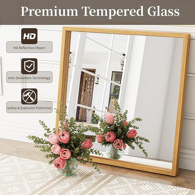 Syndra Square Natural Wood Frame Bathroom Mirror, Waterproof Slim Deep Frame