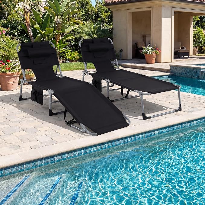 Goplus Tanning Chair, Folding Adjustable Patio Lounge Chair with Face Hole, Removable Pillow, 330LBS, Carry Strap, Outdoor Sunbathing Chair, Lightweight Portable Beach Lounge Chair, No Assembly