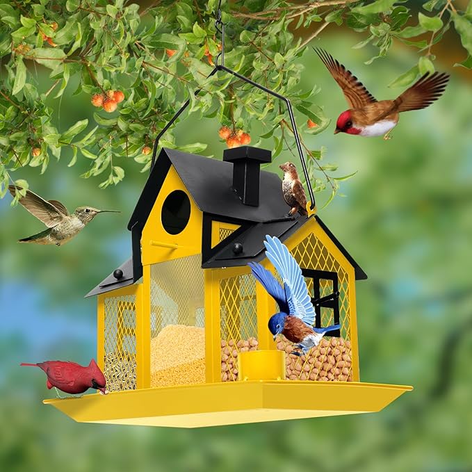 Solar Bird Feeders House for Outdoors Hanging, 7LBS Large Capacity Metal Wild Bird Feeder Squirrel Proof for Outside with Water Cup, Cardinal Birdfeeder Birdhouses Gift for Bird Lovers (Yellow)