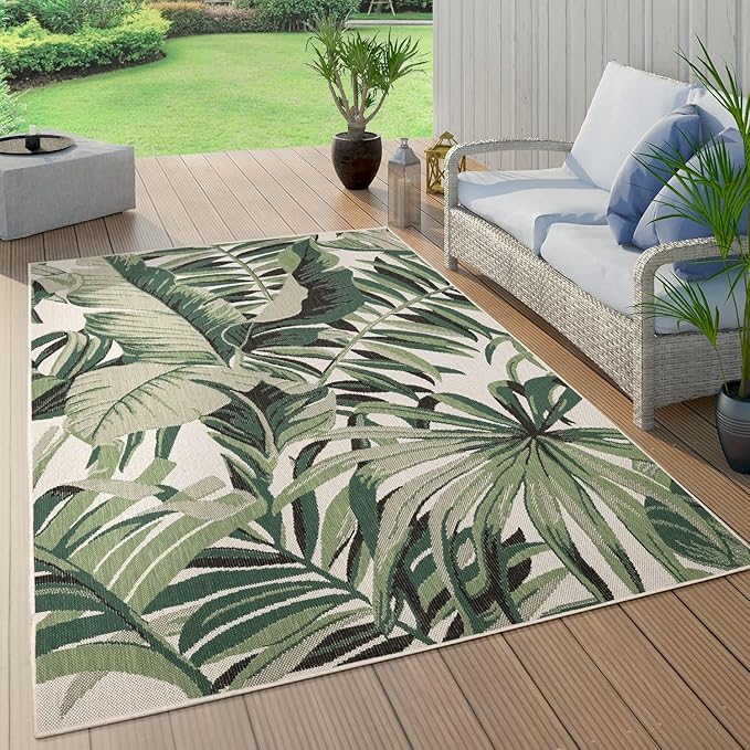 Paco Home in- & Outdoor Rug Tropical Palm Leaf Design for Patio in Green Beige, Size: 7'10" x 11'2"