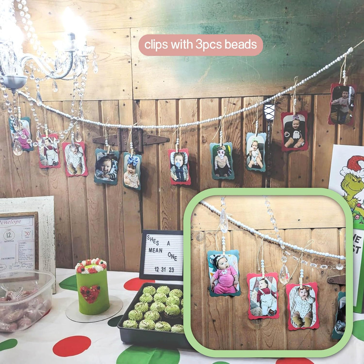 6 Feet Wooden Beads Garland with Clothespins Picture Cards Holder - Country Farmhouse Christmas Nursery Boho Holiday Decorations with Clips