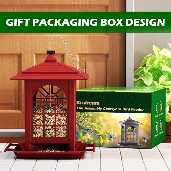 Birdream 2 Pack Bird Feeders for Outdoor Hanging, Assembly Required, 1-Min Easy Setup, Classic Courtyard Design, Attracting Cardinals Chickadees Goldfinches & Sparrows - Red
