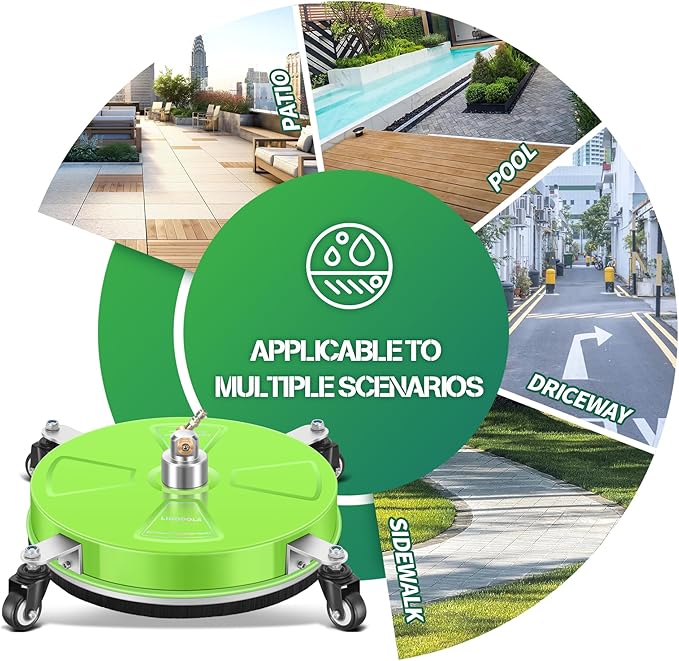 15“ Pressure Washer Surface Cleaner with 4 Wheels - Coated Green Stainless Steel Surface Cleaner for Pressure Washer Attachment for Concrete, Driveway, Patio, Sidewalk, Deck and Driveways - PWS15G