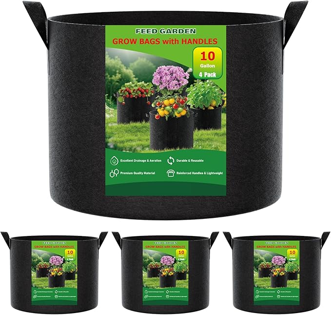 FEED GARDEN 10 Gallon Grow Bags 4 Pack – 300G Thickened Fabric Plant Pots with Reinforced Handles, Breathable Drainage Planters for Vegetables, Tomatoes, Herbs, Indoor & Outdoor Gardening