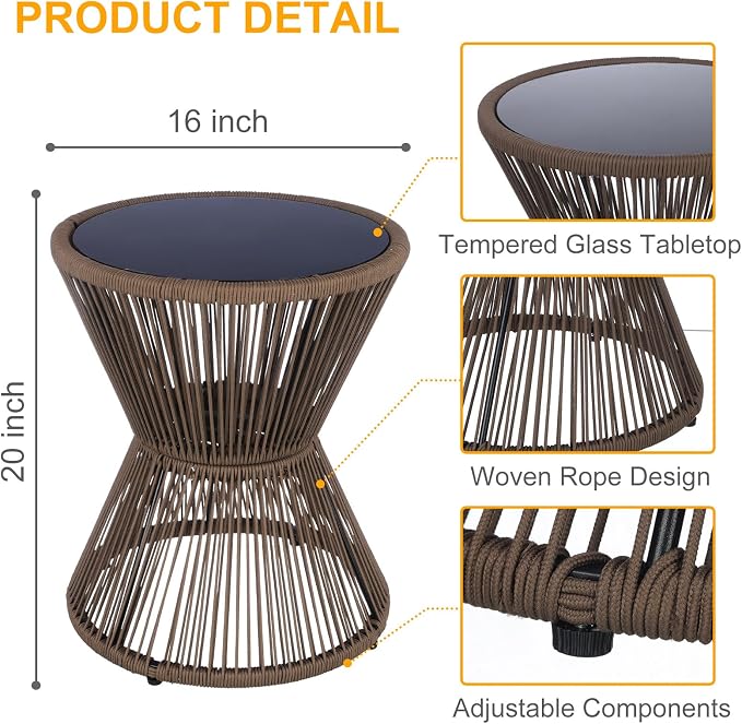 SUNNYPARK Outdoor Side Table 20'' H Small End Tables Woven Rope Weather Resistant with Glass Top Round Coffee Table for Indoor Balcony Patio Poolside (Brown)