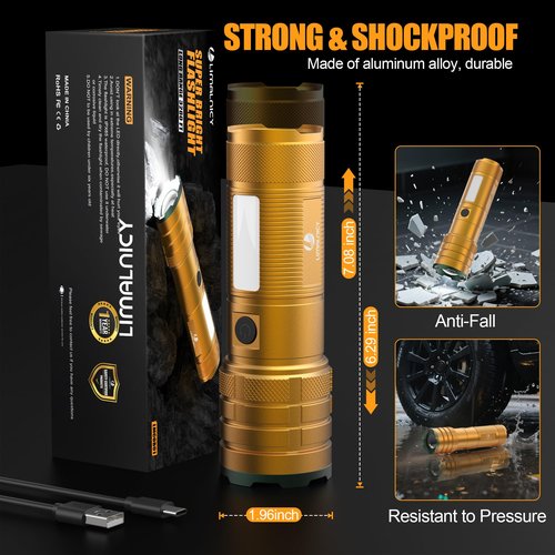 limalnicy Rechargeable Flashlights High Lumens 100,000 Long Lasting, 4 Modes with Side COB Light, Super Bright LED Flashlight USB C Input & Output, Powerful Strong Flash Light for Hiking Camping