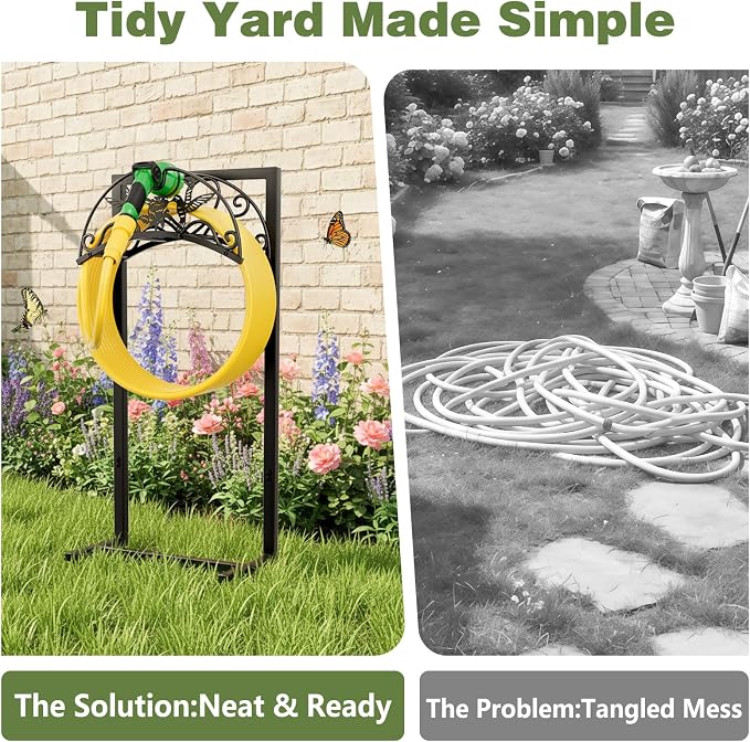 Garden Hose Holder - Upgraded Electrophoretic Coating Anti-Rust Graden Hose Storage Rack with Hummingbird Pattern Holds 150ft, Heavy Duty Garden Hose Hanger, Water Hose Holders for Outside Yard Lawn