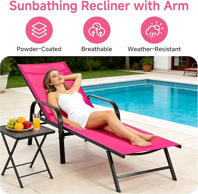 DUMOS Outdoor Lounge Chaise, 5-Position Chaise Lounge with Armrests, Sun Tanning Chair 350 lbs Heavy Duty Patio Pool Chair, Waterproof Sun Lounger for Deck, Backyard, Beach & Poolside, Pink