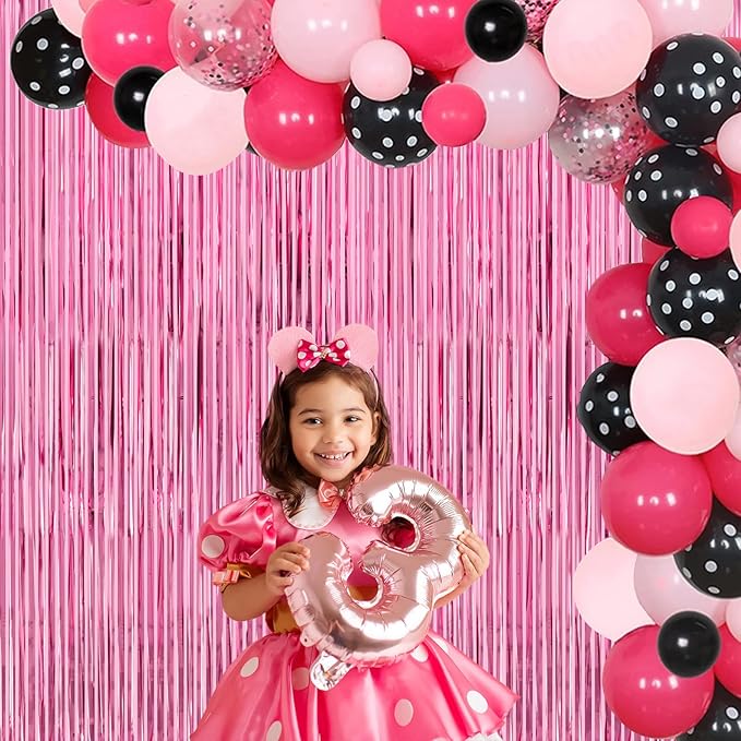 Thicken Pink Streamers 4 Pack 3.2 x 8.2 FT, Pink Birthday Decorations for Girls, Tinsel Backdrop Curtains, Foil Fringe Photo Backdrop for Bachelorette, Graduation, Baby Shower Party Decorations