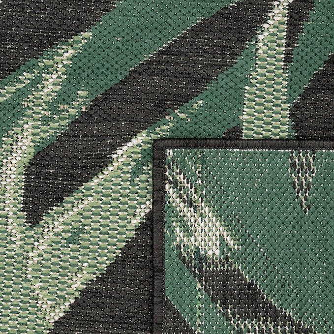 Tropical Outdoor Rug Palm Tree & Jungle Design Flatweave in Black Green, Size: 5'3" x 7'7"