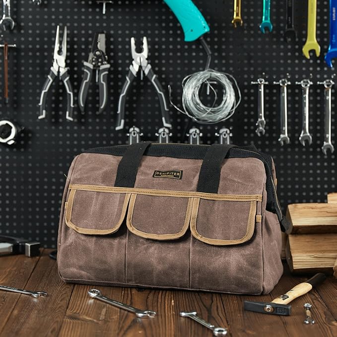 Tool Bag, Durable 16oz Waxed Canvas Wide Mouth Water-Resistant Electrician Tool Bag, Tool Tote with Handle for Tools, Wrenches, Screwdrivers (15 X 7.8 X 11.5 Inch) | Grey