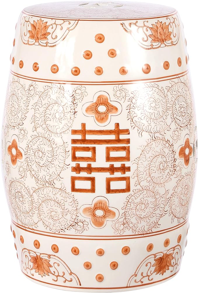 JONATHAN Y Double Happiness 18" Ceramic Garden Stool, Traditional Chinoiserie Orange and White Indoor/Outdoor Patio Drum Accent Side Table and Plant Stand TBL1013D