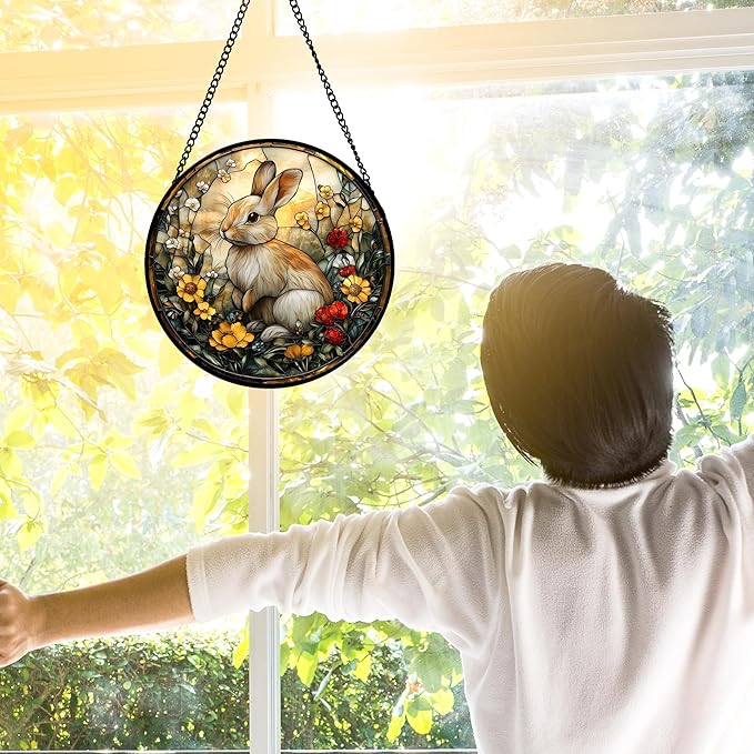 Stained Glass Window Hanging - Rabbit Flowers Suncatcher Ready to Hang Window Doors Home Decoration, Easter, Mother's Day Birthday Gifts for Women, Men, and Mom 6.3x6.3 in